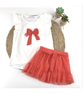 Conjunto niña de camiseta y falda de  tul color coral